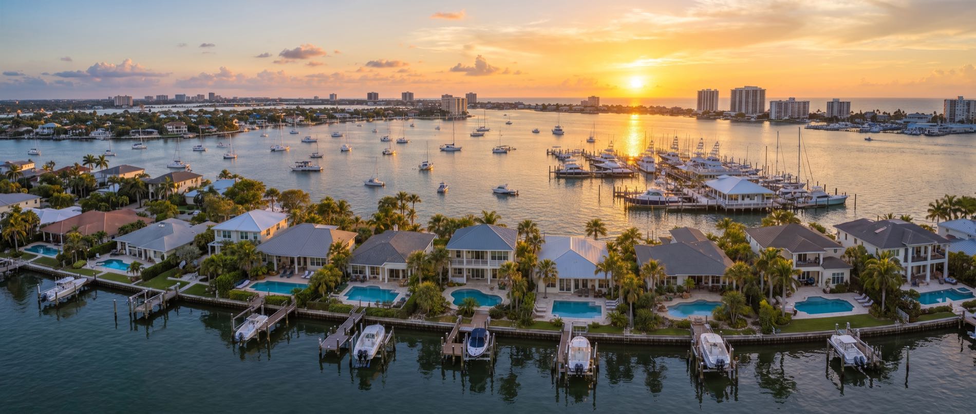 A low aerial over Grand Lagoon, with canal-front backyard pools in the foreground, private docks along the water and sport fishing boats at the marinas