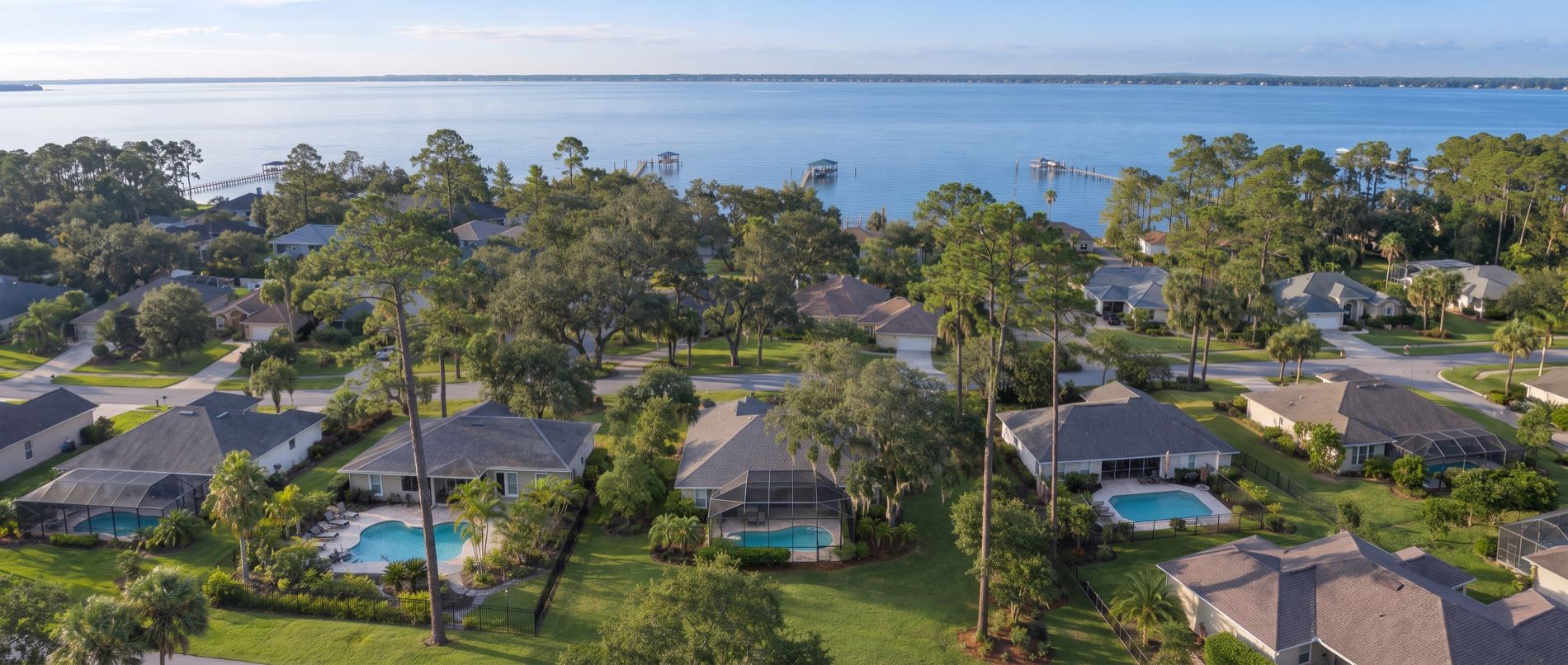 A low aerial over Lynn Haven, with screened backyard pools in the foreground and oak and pine canopy running down toward North Bay