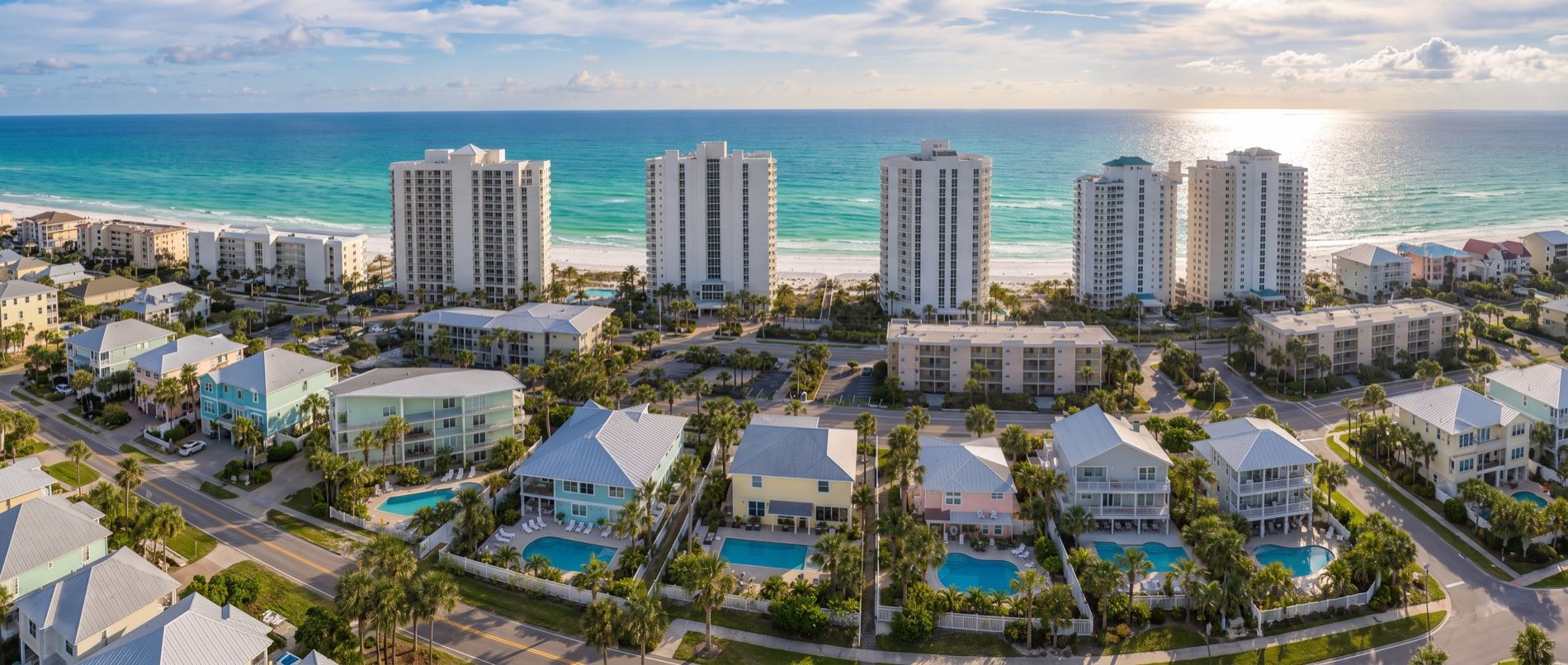 A low aerial over Panama City Beach, with rental house pools in the foreground and condo towers standing along the white sand behind them