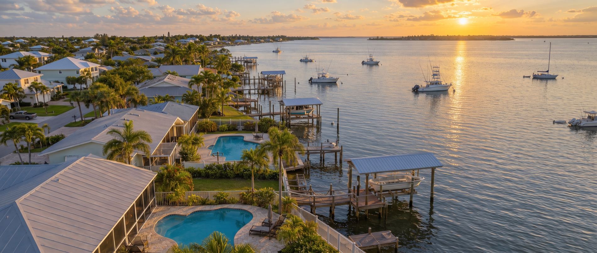 A low aerial over Parker, with pools on compact waterfront lots in the foreground and private docks and boat lifts along East Bay