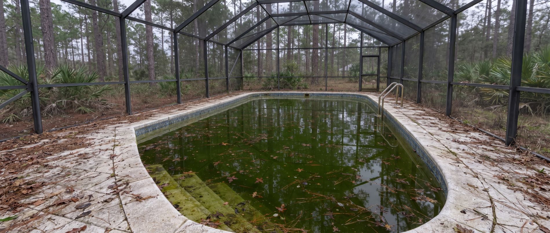 A neglected Bay County pool gone green with algae, oak leaves and pine needles floating on the surface