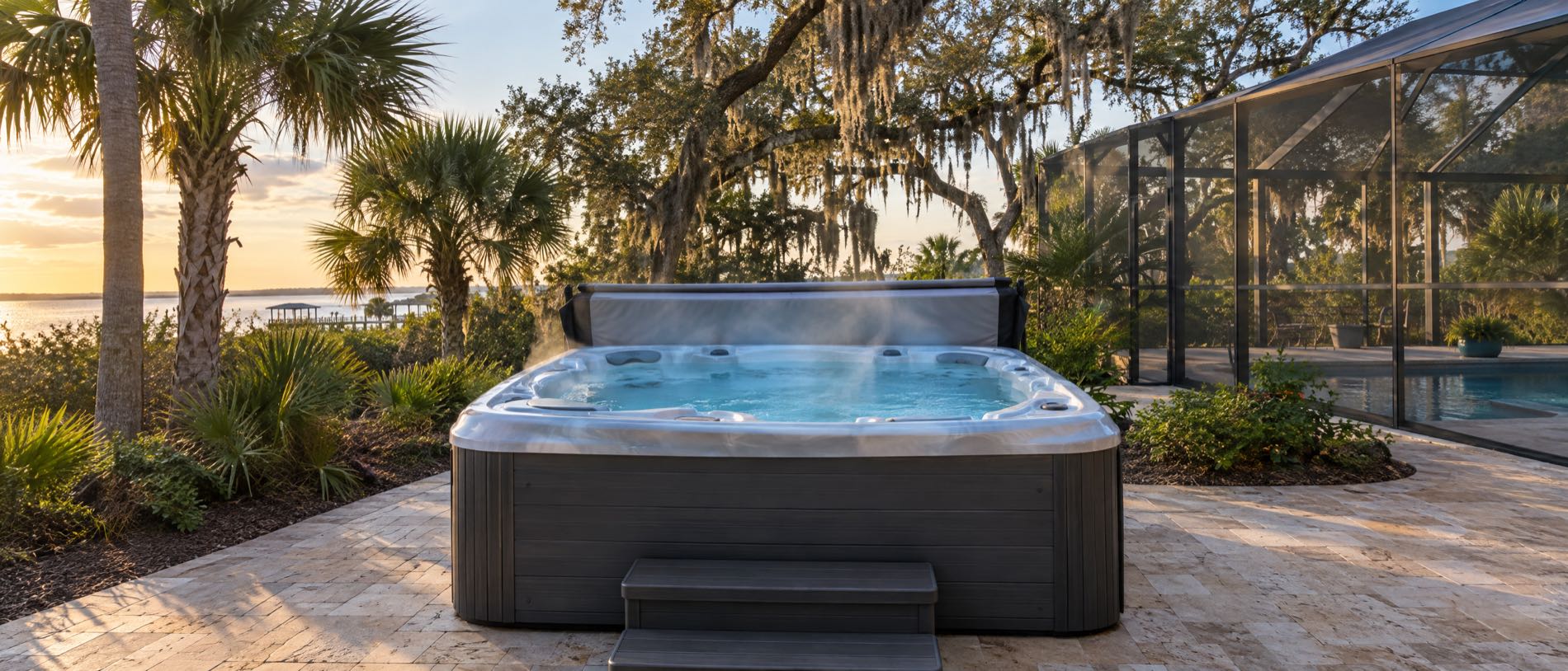 A standalone hot tub with its cover folded back on a paver patio beside a screened pool in Bay County, Florida