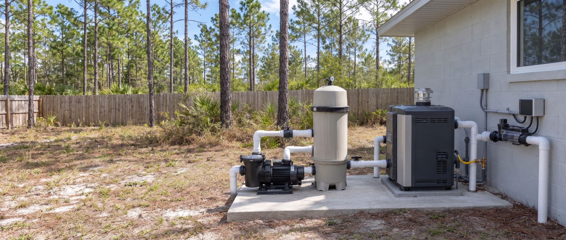 A pool pump and sand filter on a residential equipment pad in Bay County, Florida