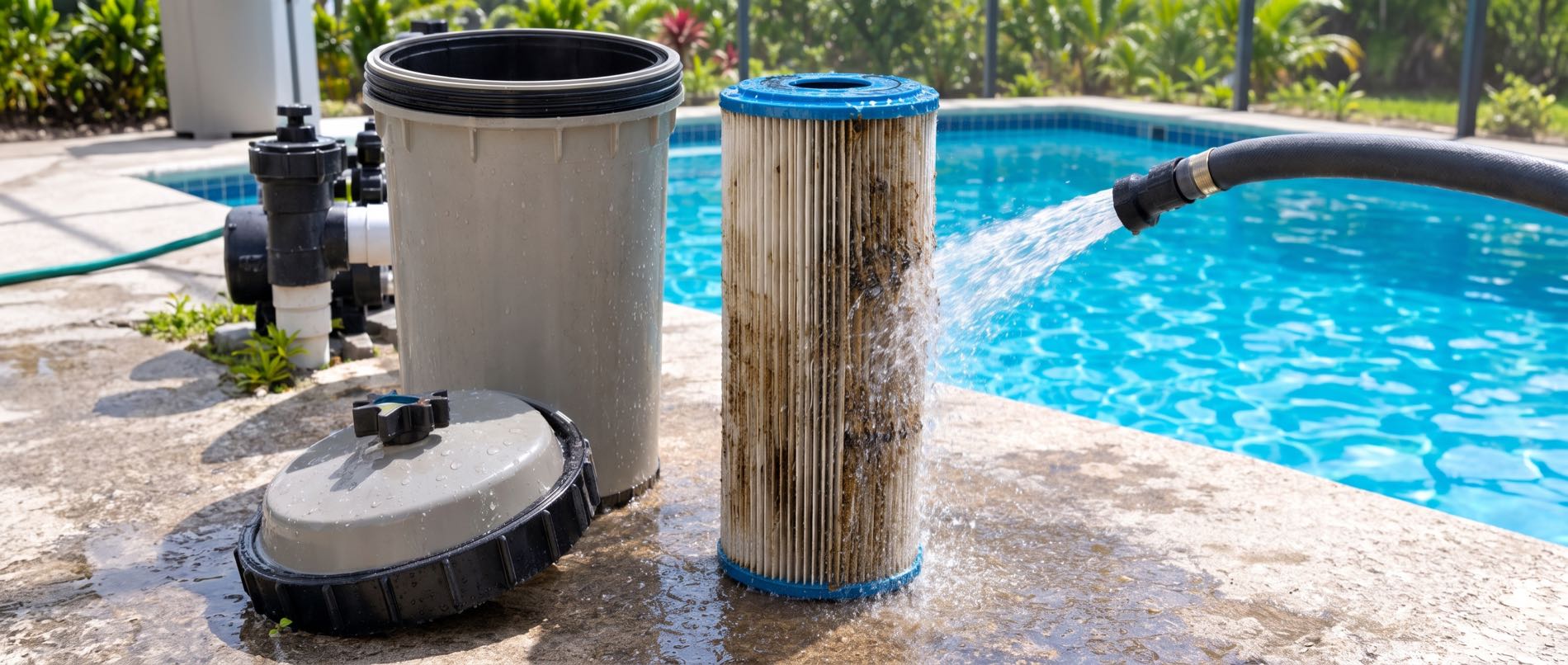 A rinsed cartridge filter element pulled from its housing on a Bay County equipment pad