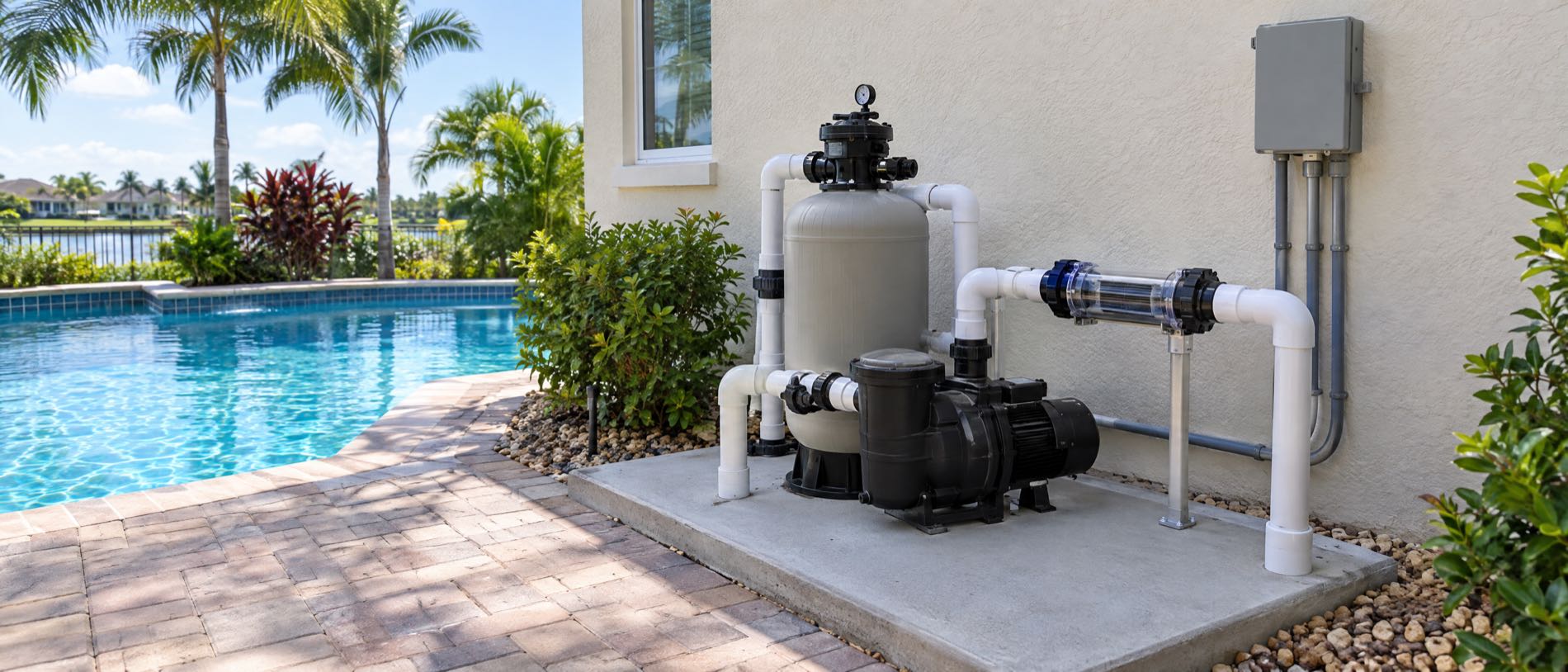 A salt chlorine generator cell plumbed beside a pump and filter on a Bay County equipment pad, with the pool behind it