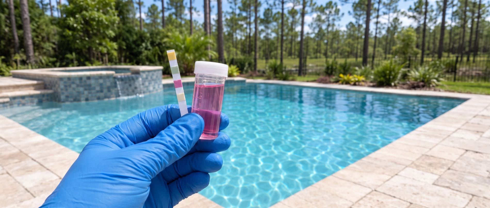 A pool water test kit open on the coping of a Panama City pool with the reagent vials filled