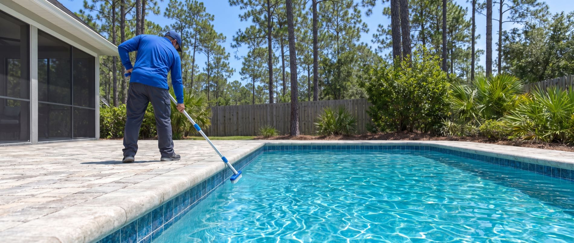 A pool technician brushing the walls of a screened backyard pool in Panama City, Florida
