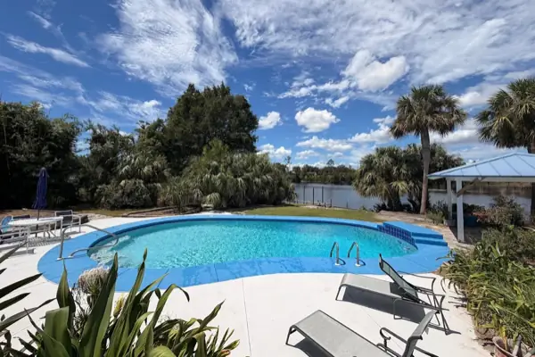 A clear pool with blue coping and lounge chairs on the deck, with palms and a lake behind it