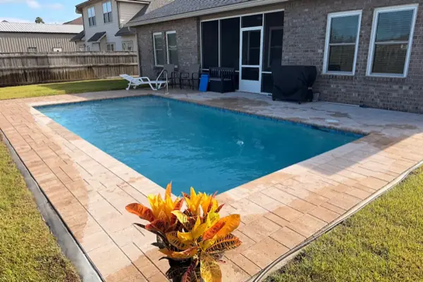 A rectangular pool with a paver deck behind a brick home, with a potted croton in the foreground