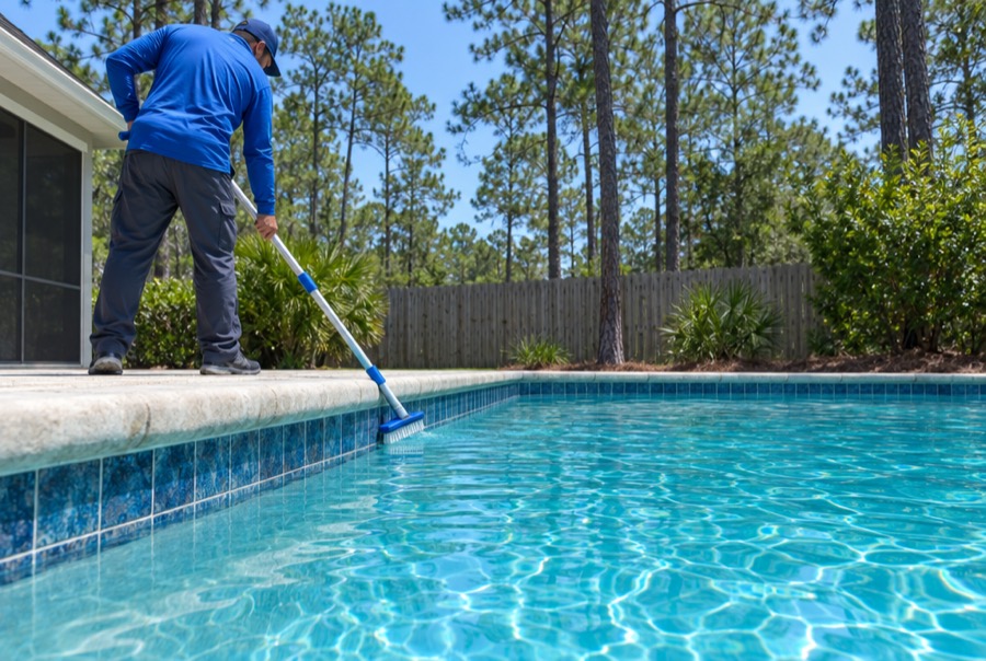 A Goodies technician brushing the waterline of a clear blue Panama City pool with pines behind